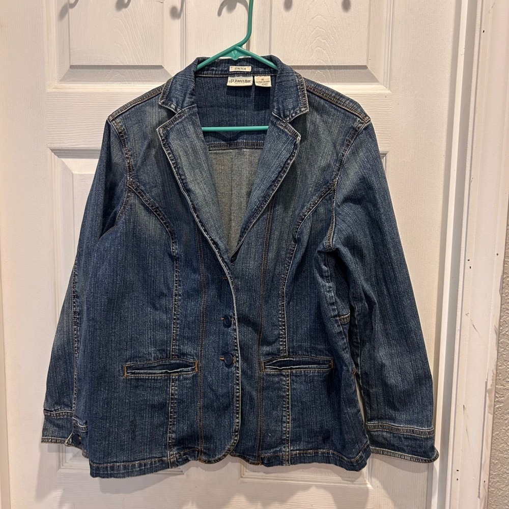 St Johns Bay Woman Blue Denim Blazer Jacket Stretch Plus Size 1X Button Front